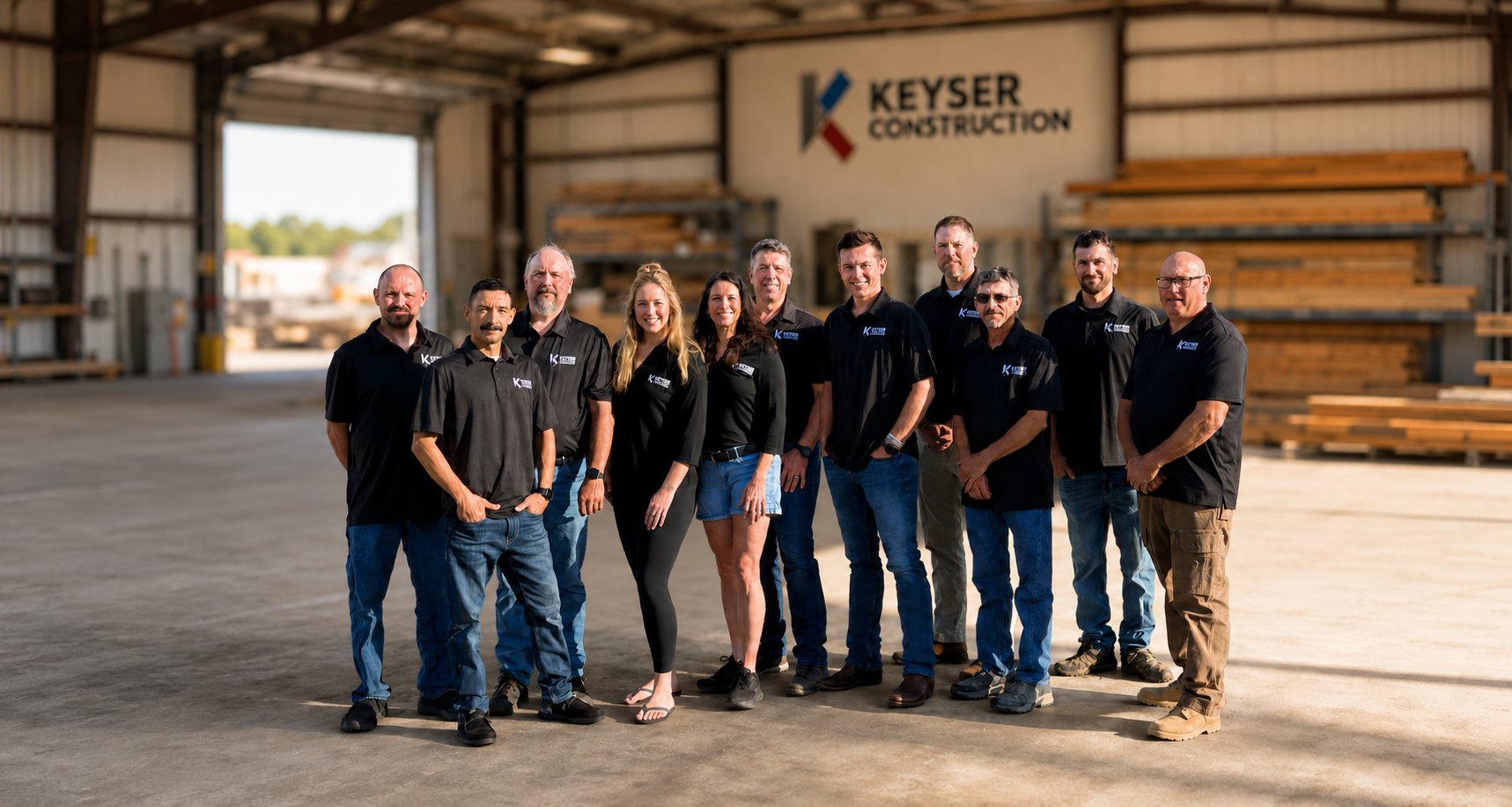 The Keyser Construction team with the company sign in the background